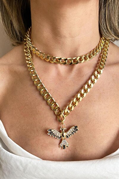 Sose Moda Black Phoenix Detailed Double Chain Necklace