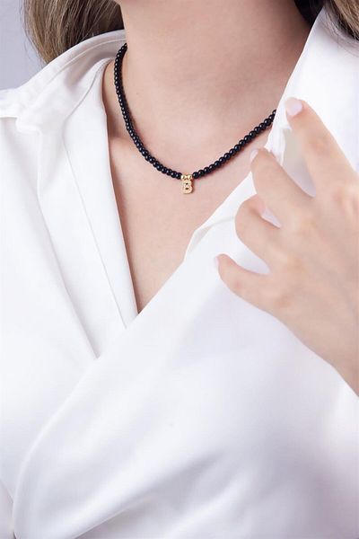 Sose Moda Black Pearl Design Necklace with Letter B