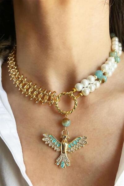 Sose Moda Turquoise Phoenix Detailed Agate Natural Stone Pearl and Chain Necklace