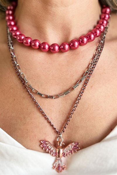 Sose Moda Claret Red Phoenix Detailed Multiple Pearl Chain Necklace