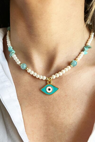 Sose Moda قلادة من العقيق الطبيعي والحجر المكسور مع تفاصيل العين واللؤلؤ