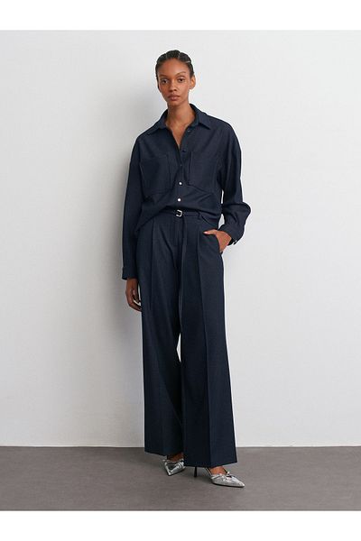 Dilvin 71578 Belted Wide Leg Trousers-Navy