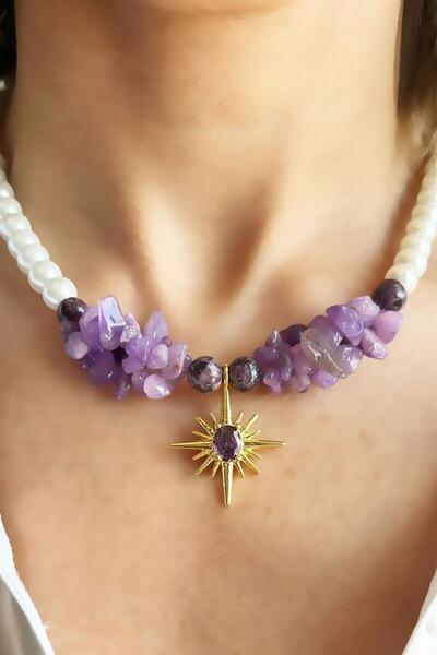 Sose Moda Natural Ceyd Sun Stones and Purple Broken Stones Polar Star Detailed Pearl Necklace