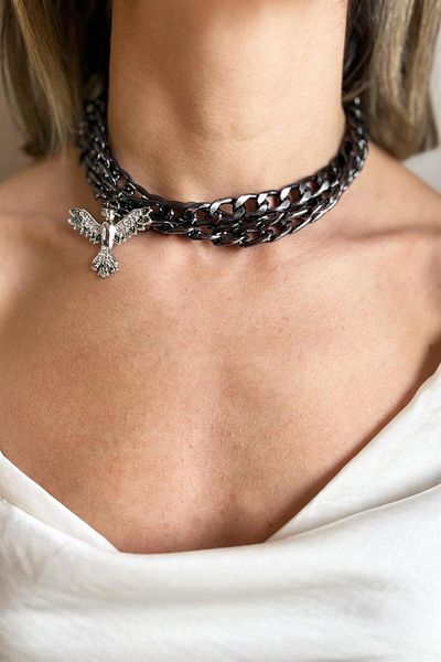 Sose Moda Black Chain Choker Necklace with Gray Phoenix Detail
