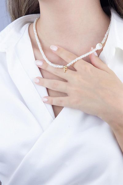 Sose Moda White Pearl Design Necklace with Letter F