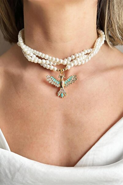 Sose Moda Turquoise Color Zircon Detailed Phoenix Pearl Spiral Design Necklace