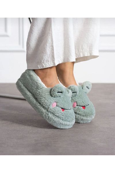 redtan Winter Women's Home Shoes |   Frog Figured Embroidered |   Anti-Slip Base