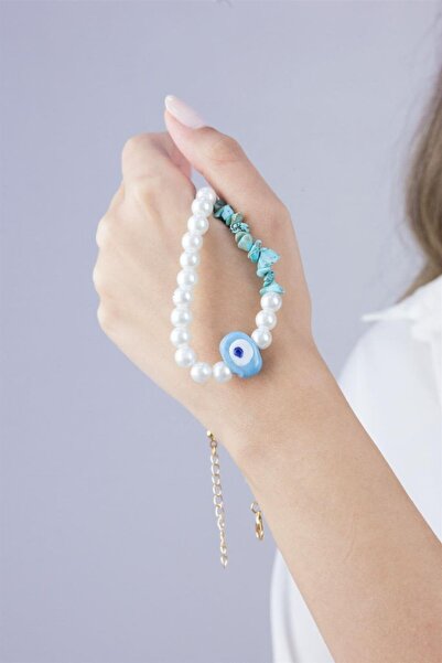 Sose Moda Blue Evil Eye Beaded Necklace with Broken Stones and Pearls