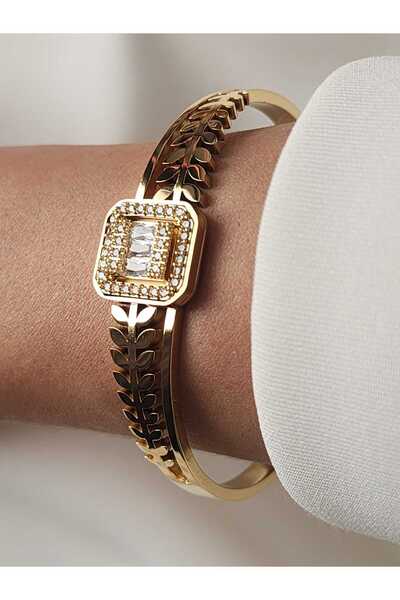 ZÜLİSCH Baget Çelik Kelepçe Yaprak Model Zirkon Taşlı Gold Paslanmaz