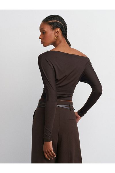 Dilvin 31438 Long Sleeve Asymmetrical T-Shirt-Dark Brown