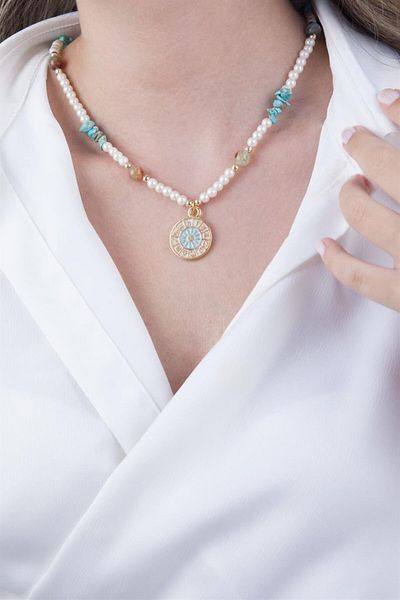 Sose Moda Turquoise Natural Stone with Pearls Zodiac Medallion Necklace