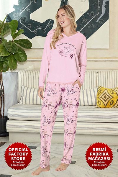 Aydoğan Pink Atlas V-Neck Long Sleeve Women's Pajama Set - B16-4 - 240719   - Aydogan ®