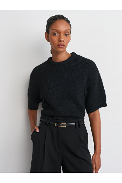 Dilvin 10677 Pulover tricot cu mânecă scurtă, cu textura moale, decolteu, negru