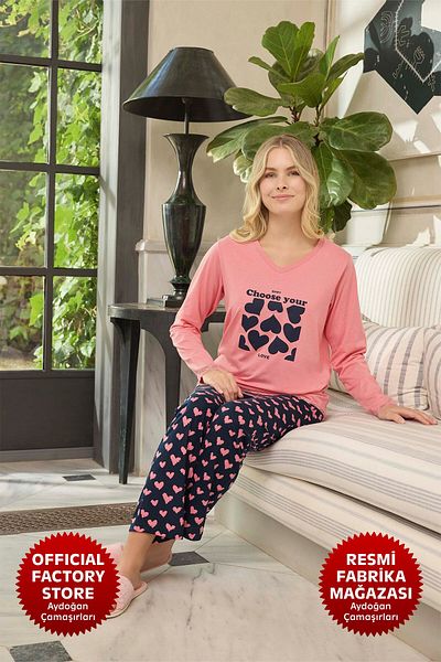 Aydoğan Pink Atlas V-Neck Long Sleeve Women's Pajama Set - Aydogan ®