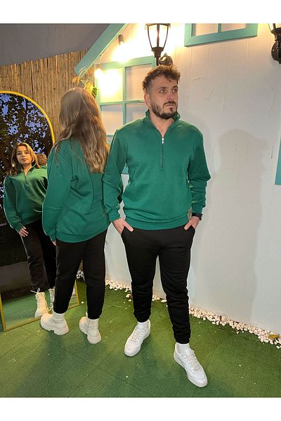 MODARİCH Φούτερ με 3 νήματα απλό Basic μισό φερμουάρ - Nefti Green Oversize Stand-up γιακά