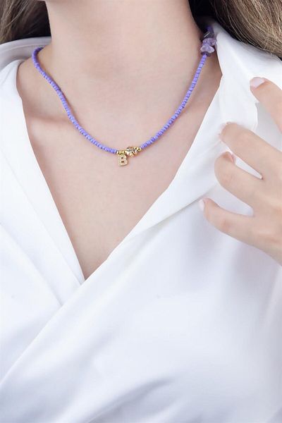 Sose Moda Lilac Bead Design Necklace with Letter B