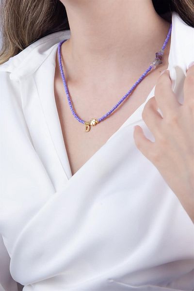 Sose Moda D Letter Lilac Bead Design Necklace