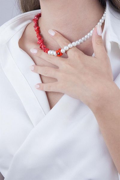 Sose Moda Red Evil Eye Beaded Necklace with Broken Stones and Pearls