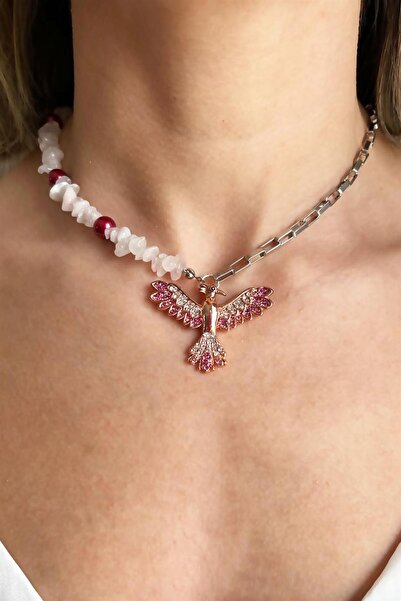 Sose Moda Phoenix Detailed Broken Natural T-Shirt and Chain Necklace