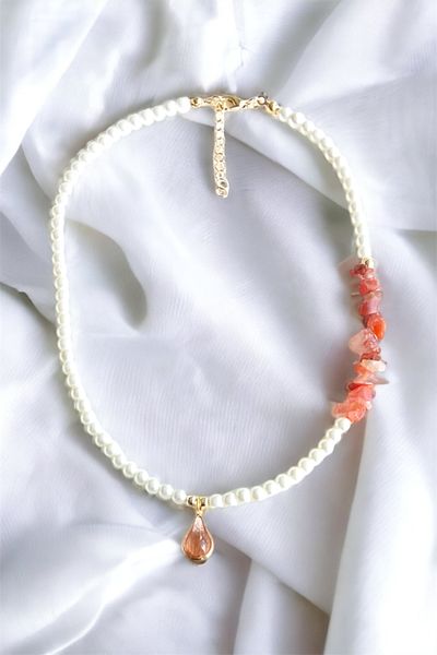 Sose Moda Asymmetric Cut Orange Drop End Pearl Necklace