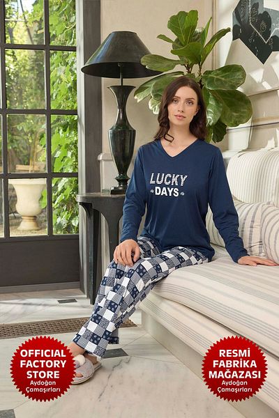 Aydoğan Women's Navy Blue Atlas V-Neck Long Sleeve Pajamas Set - B9-3 - 240620