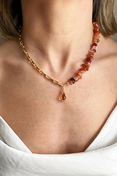 Sose Moda Natural Orange Stone - Drop and Broken Detailed Necklace