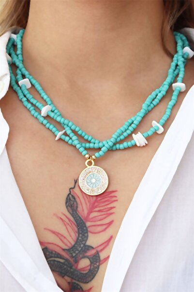 Sose Moda Turquoise Spiral Bead Necklace with Zodiac Medallion Pendant