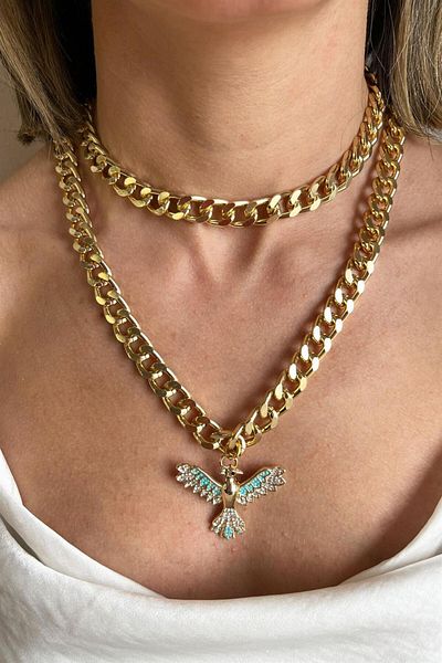 Sose Moda Turquoise Phoenix Detailed Chain Necklace