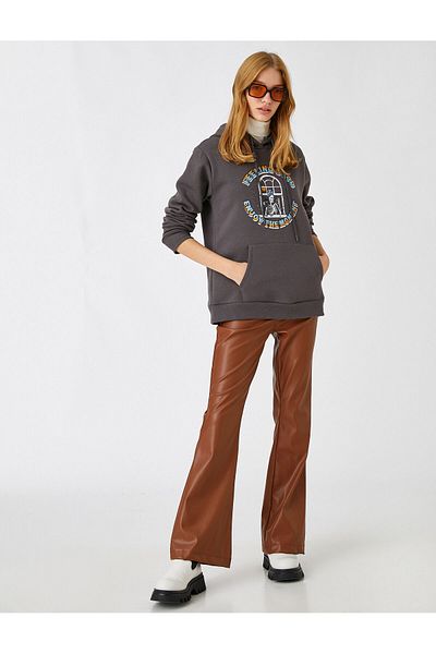 Koton Sweatshirt Hooded Printed with Pocket Detail and Fleece Inside
