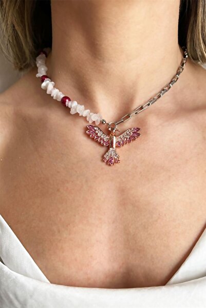 Sose Moda Phoenix Detailed Broken Natural T-Shirt and Chain Necklace