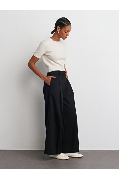 Dilvin 71530 Pileli Geniş Paça Pantolon-Siyah