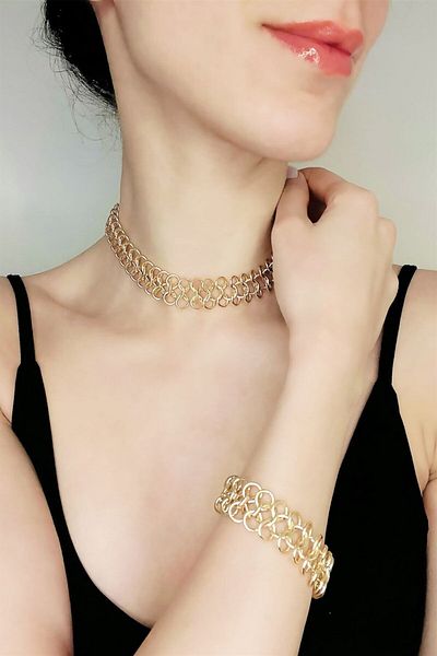Sose Moda Asymmetric Design Gold Necklace Bracelet Set