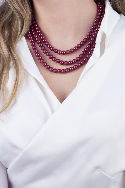 Sose Moda Burgundy Three Rows Pearl Necklace