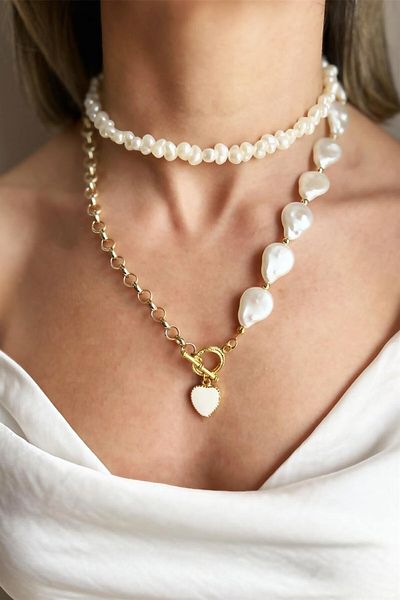 Sose Moda White Heart Detailed Baroque Double Pearl Necklace