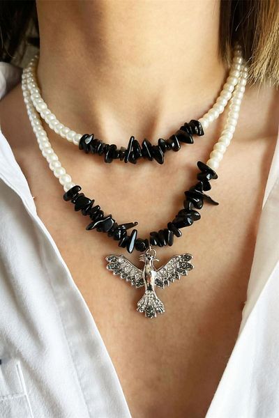 Sose Moda Black Natural Broken Stone Gray Phoenix Detailed Double Pearl Necklace