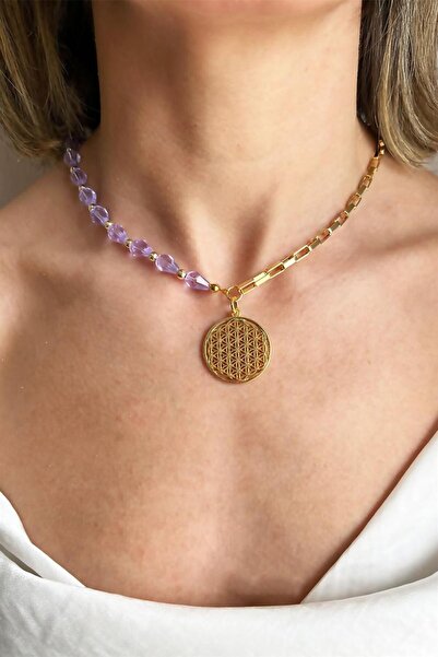 Sose Moda قلادة من الحجر الأرجواني وسلسلة على شكل زهرة الحياة