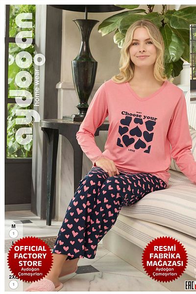 Aydoğan Pink Atlas V-Neck Long Sleeve Women's Pajama Set - Aydogan ®