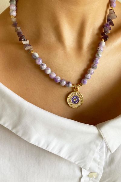 Sose Moda Purple Zodiac Sign Medallion End Crystal Glass Beads Natural Stone Necklace