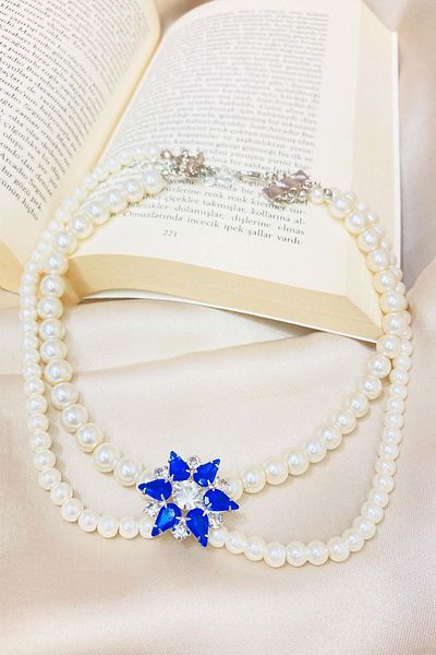 Sose Moda Star Crystal End Pearl Necklace - Navy Blue