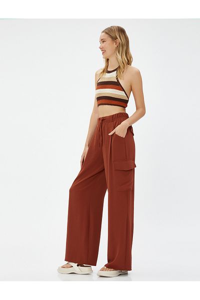 Koton Cargo Pants Elastic Waist Wide Leg Pocket Textured