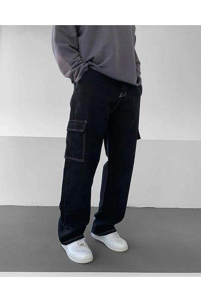NO1 KONSEPT Baggy Jeans with Cargo Pockets and Black Stitching Detail