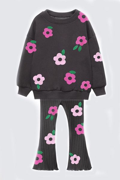 Lolliboomkids Girls 3 Yarn Cotton Fabric Floral Printed Sweatshirt and Spanish Leg Bottom Top Set