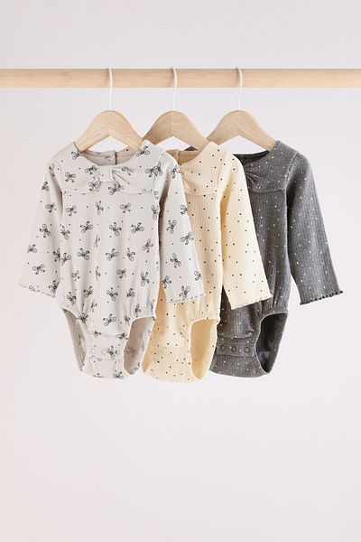Next Baby Cotton Cream Gray Floral Print Long Sleeve Bodysuit Leggings 3-Piece Bottom Top Set