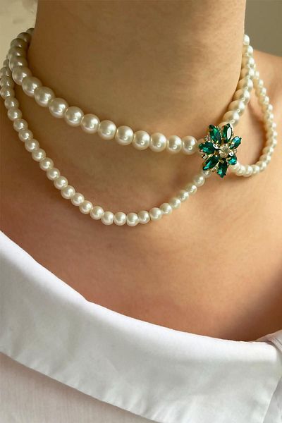 Sose Moda Green Star Crystal End Pearl Necklace