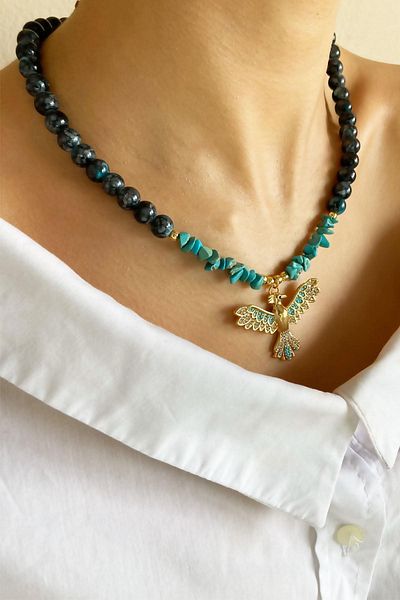 Sose Moda Phoenix End Crystal Glass Beads Natural Stone Necklace - Khaki