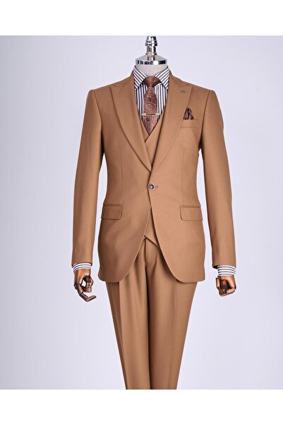 TerziAdemAltun Brown Slim Fit Italian Style Clothes Set - Jacket, Vest and Trousers T13502