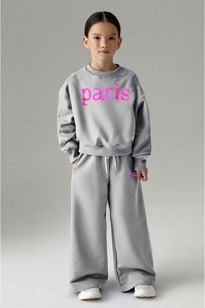 Lolliboomkids New Season Girl's Pink Color Slogan Lettering on Grey Paris Printed Trend Tracksuit Set
