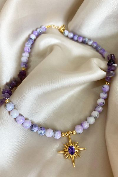Sose Moda Crystal Glass Beads Natural Stone Necklace with Polar Star End - Purple