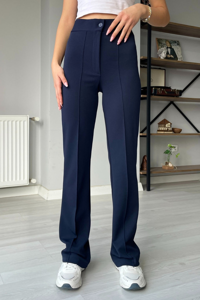 Orihime Kadın Lacivert Likralı Krep Kumaş Yüksek Bel Çımalı İspanyol Paça Pal...