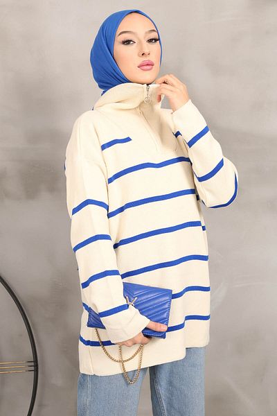 İmajButik Cream / Sax Blue Collar Zippered Striped Knitwear Tunic
